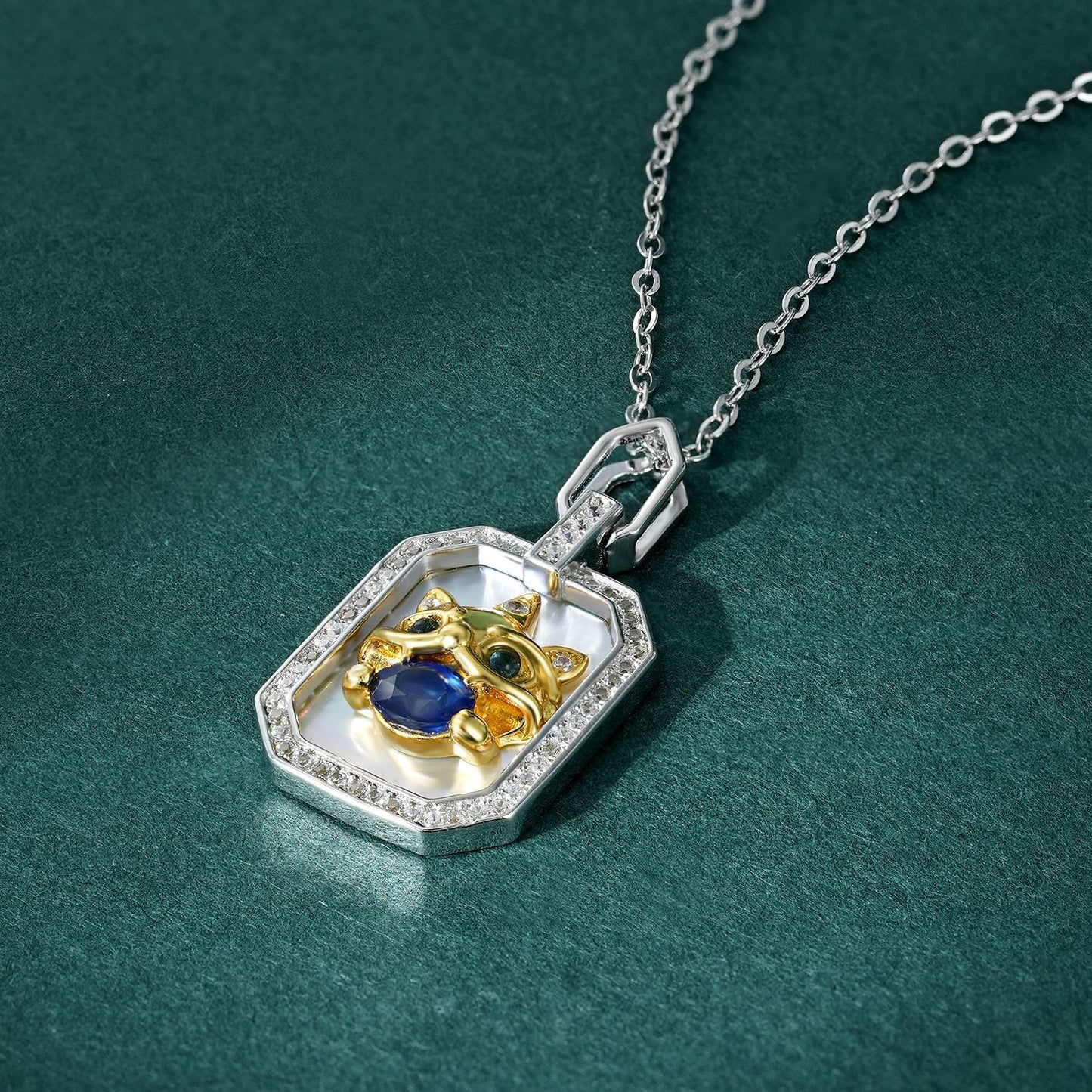 Sterling Silver Beast Totem Necklace (S925) — Sapphire & Green Topaz Protective Amulet for Renewal, Luck & Spiritual Protection
