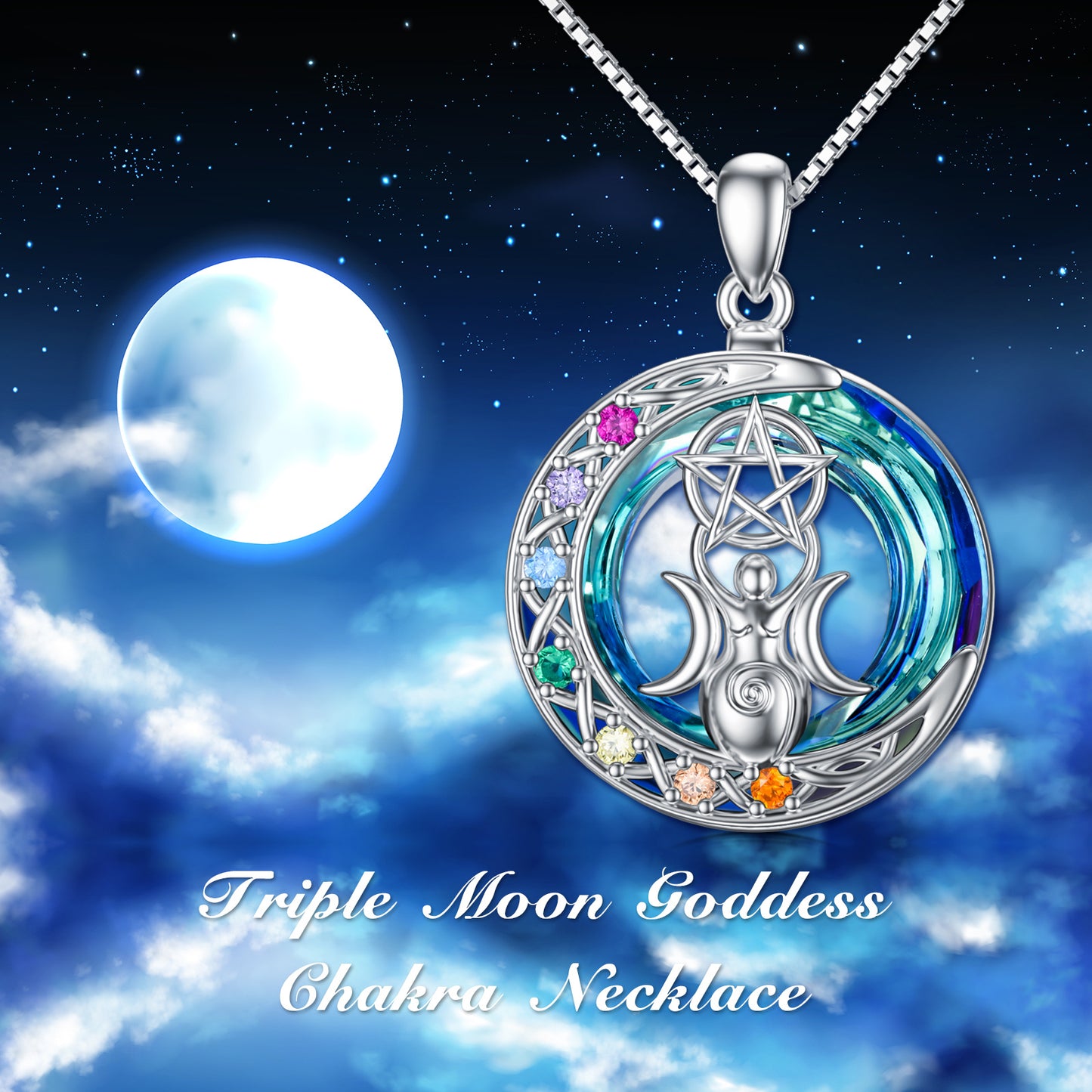 Triple Moon Goddess 7 Chakras Necklace – Sterling Silver Protection Amulet for Feminine Power, Intuition, Reiki, Meditation & Love