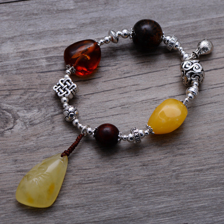 Handmade Amber Bracelet with Tiger Eye, Red Sandalwood & 925 Silver – Spiritual Protection Talisman, Healing Crystal Jewelry, Unisex Gift