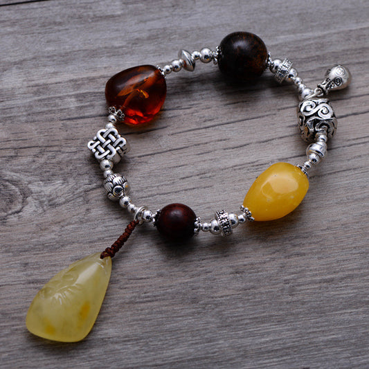 Handmade Amber Bracelet with Tiger Eye, Red Sandalwood & 925 Silver – Spiritual Protection Talisman, Healing Crystal Jewelry, Unisex Gift