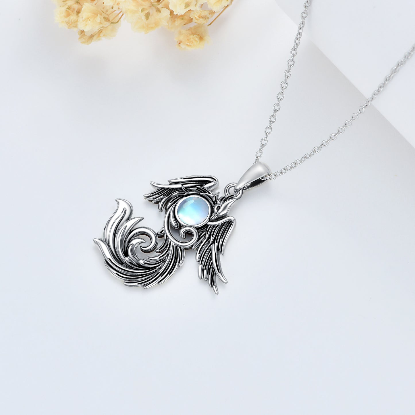 Phoenix Moonstone Necklace, Solid 925 Silver, Handmade Symbol of Transformation