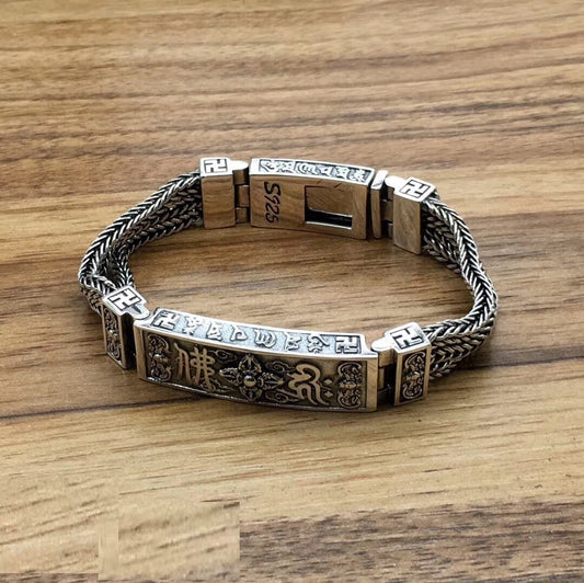 Handmade Sterling Silver Mantra Bracelet – Powerful Tibetan Talisman for Protection, Wealth, Love & Success – Om Mani Padme Hum Buddhist Amulet Gift for Men