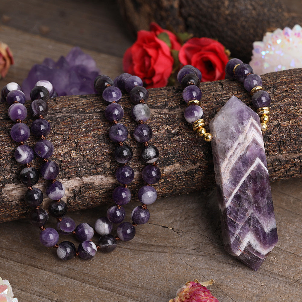 Double-point chevron amethyst pendant necklace for intuition and energy healing