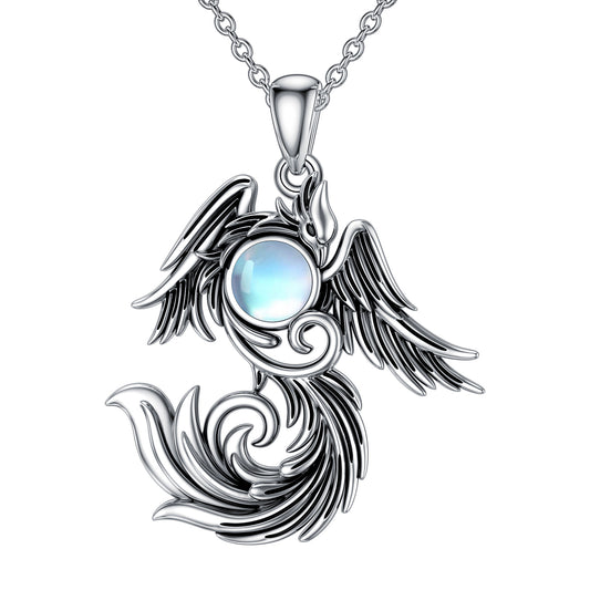 Phoenix Necklace in 925 Sterling Silver with Moonstone, Spiritual Rebirth Talisman