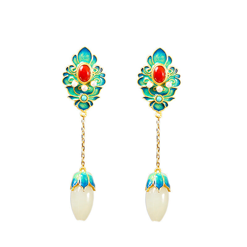 Handmade White Jade & Red Agate Sterling Silver Lotus Earrings – A Talisman of Harmony, Prosperity & Protection