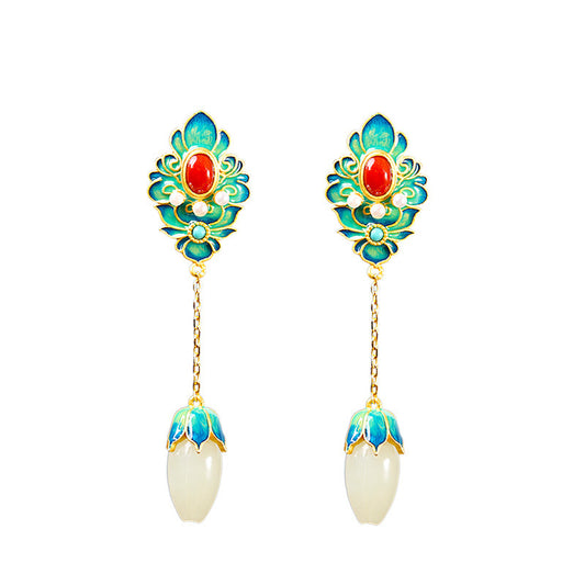 Handmade White Jade & Red Agate Sterling Silver Lotus Earrings – A Talisman of Harmony, Prosperity & Protection