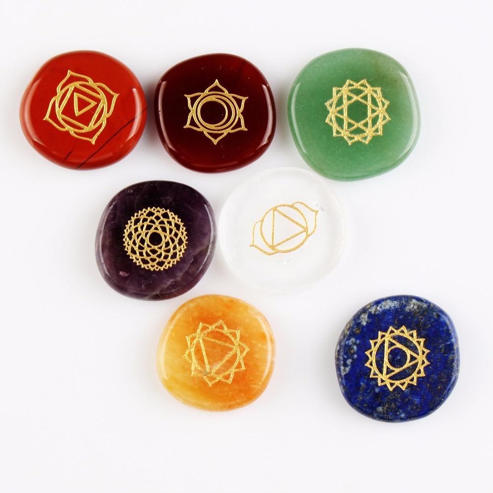7 Chakra Healing Stones Set – Engraved Crystal Palm Stones |  Reiki Energy Crystals for Meditation & Spiritual Balance