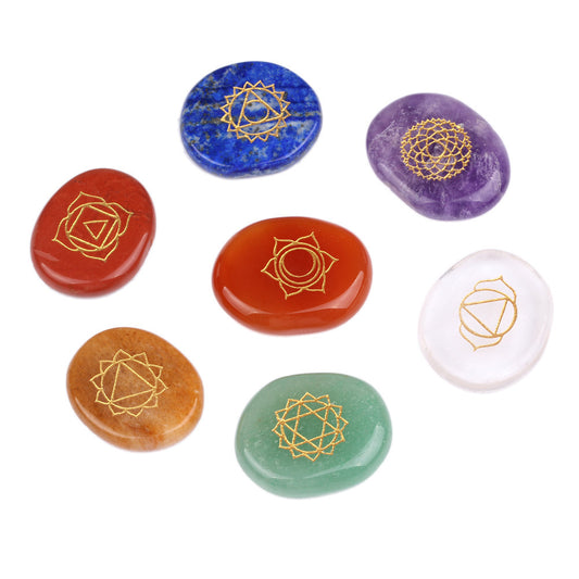 7 Chakra Healing Stones Set – Engraved Crystal Palm Stones |  Reiki Energy Crystals for Meditation & Spiritual Balance