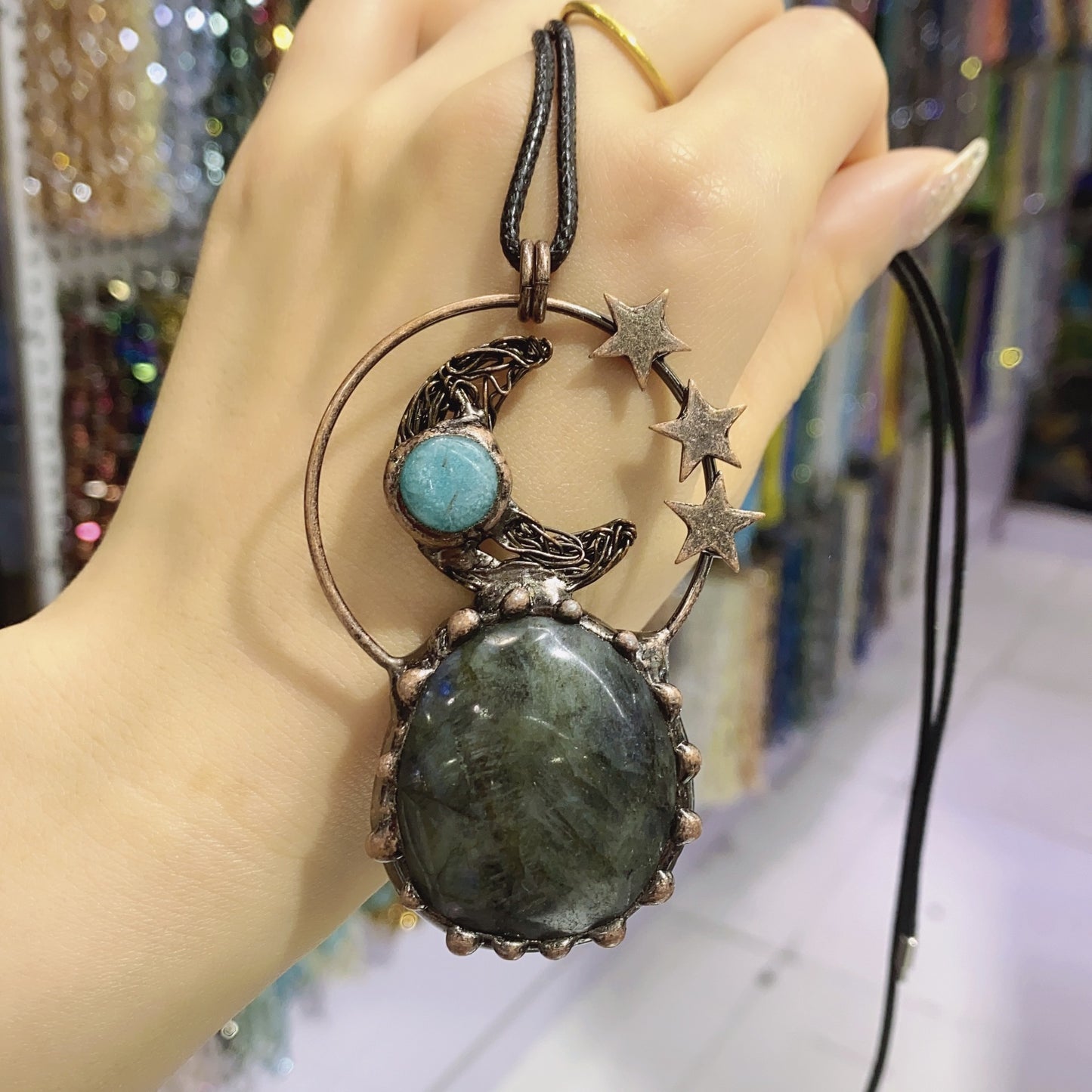 Handmade natural amethyst star moon pendant necklace