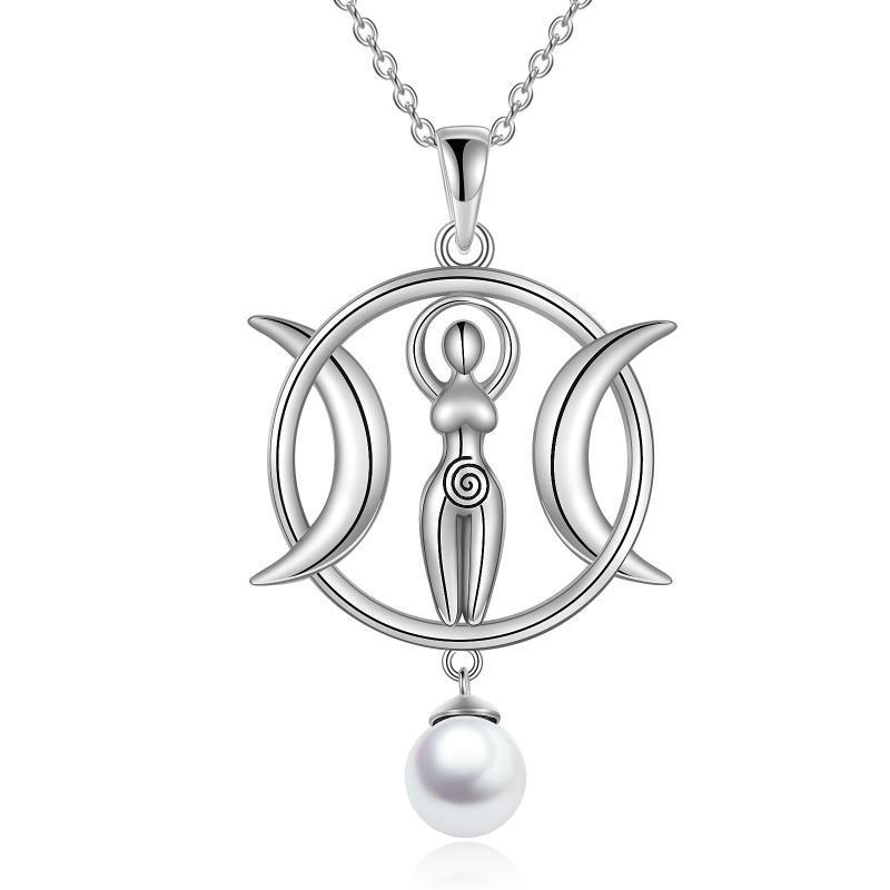 Handmade Triple Moon Goddess Necklace – Sterling Silver White-Gold Plated Talisman with Pearl