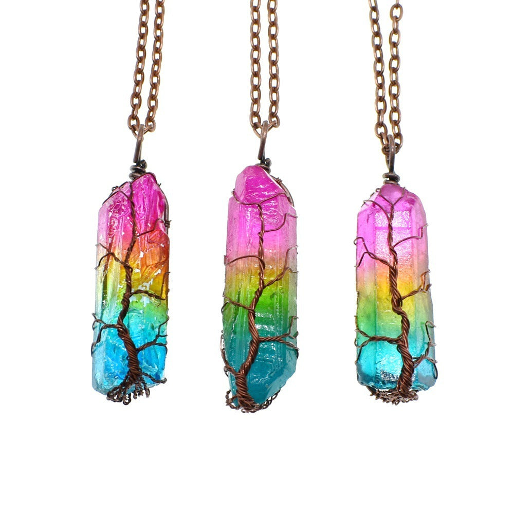 Handmade crystal pillar necklace with Tree of Life charm, natural stone detail