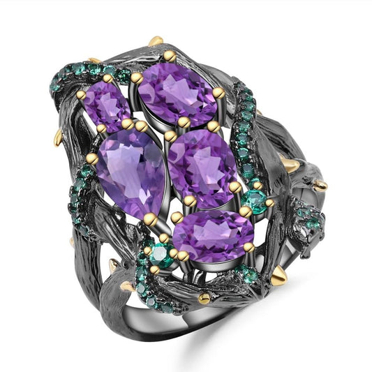 Mystical Harmony Amethyst Talisman Ring – Purple or Green Gemstone, 925 Silver Spiritual Jewelry for Balance & Protection