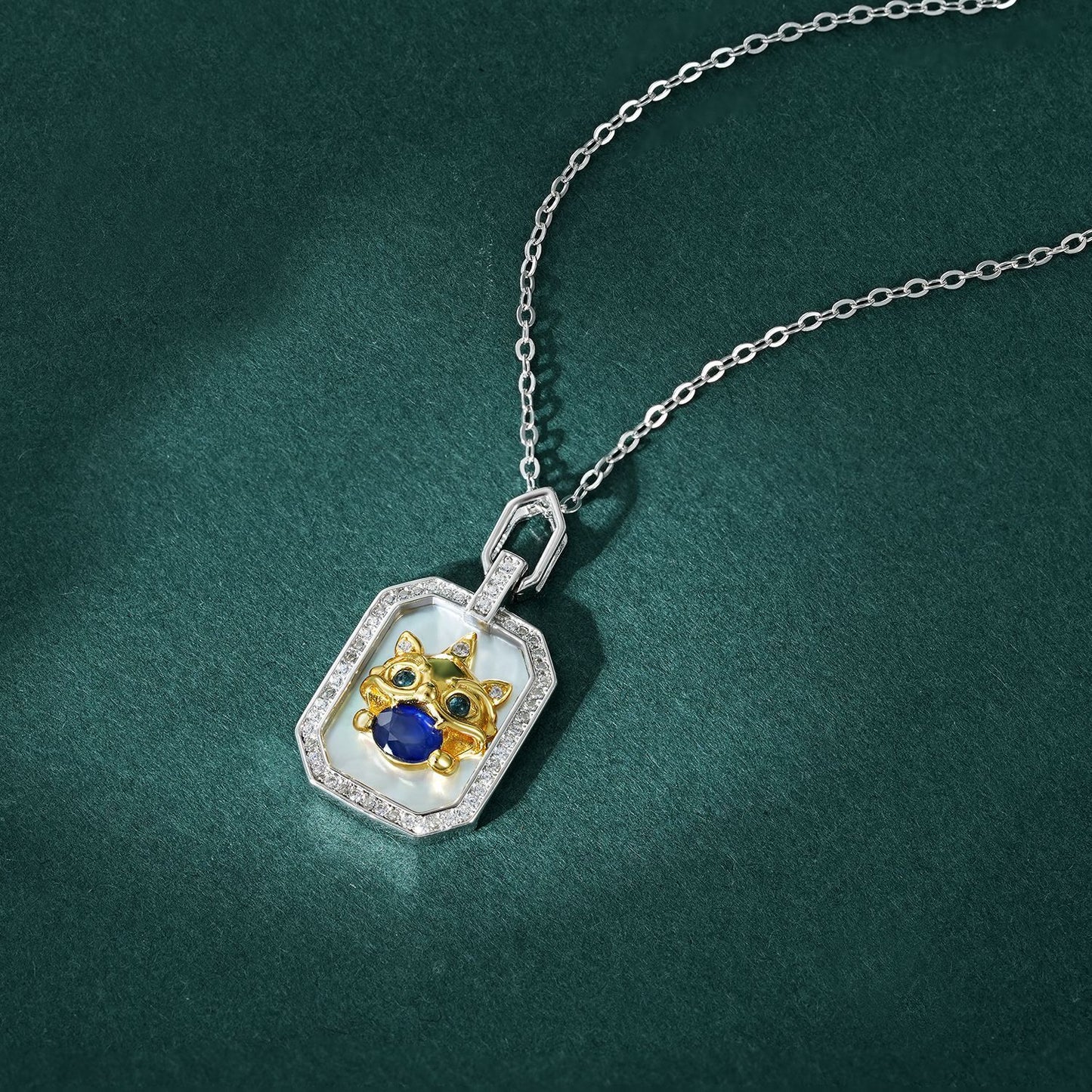 Sterling Silver Beast Totem Necklace (S925) — Sapphire & Green Topaz Protective Amulet for Renewal, Luck & Spiritual Protection