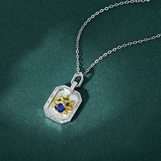 Sterling Silver Beast Totem Necklace (S925) — Sapphire & Green Topaz Protective Amulet for Renewal, Luck & Spiritual Protection
