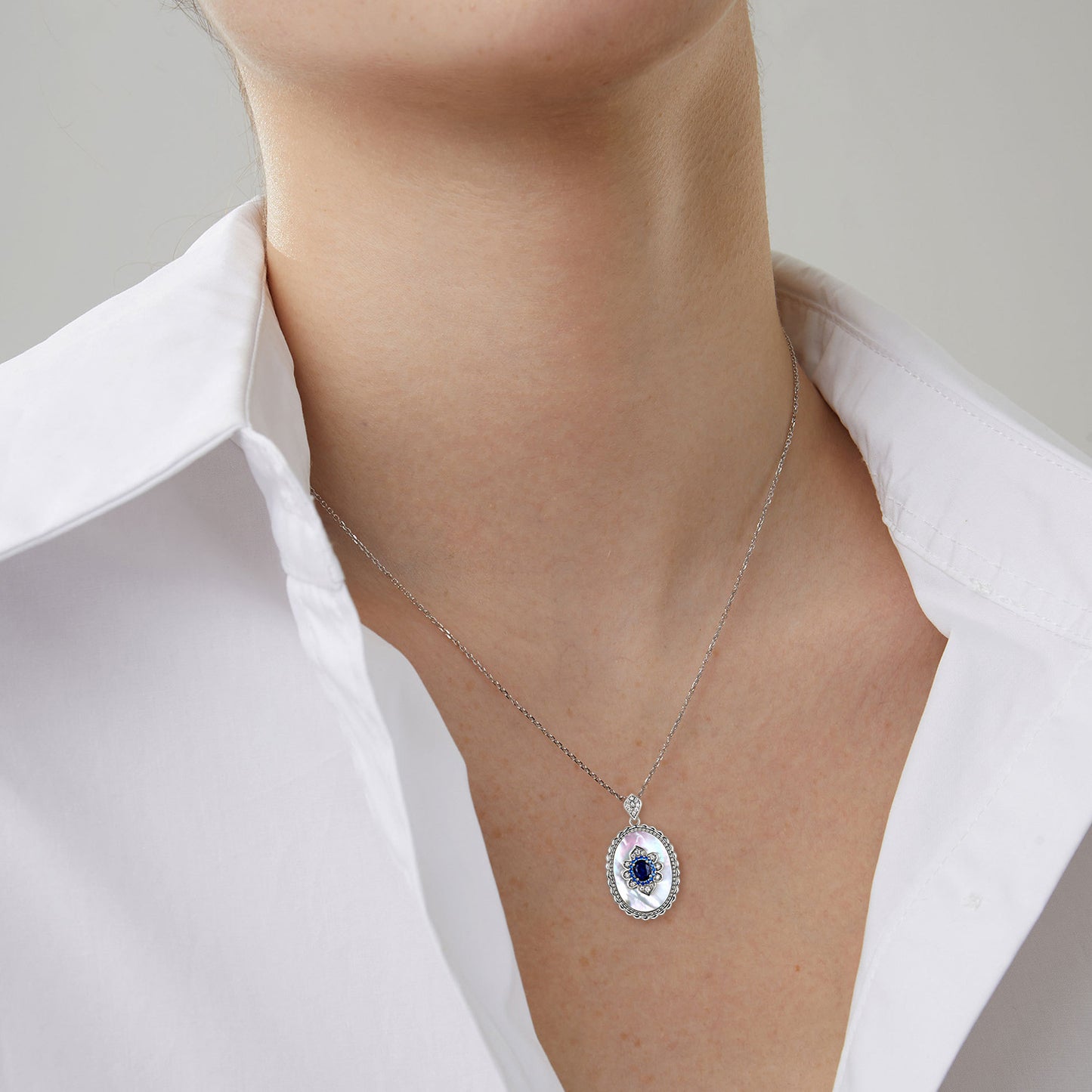 Natural Sapphire Lotus Amulet Pendant | 925 Sterling Silver Necklace with Mother of Pearl & Crystals – Talisman of Harmony, Intuition & Feminine Energy