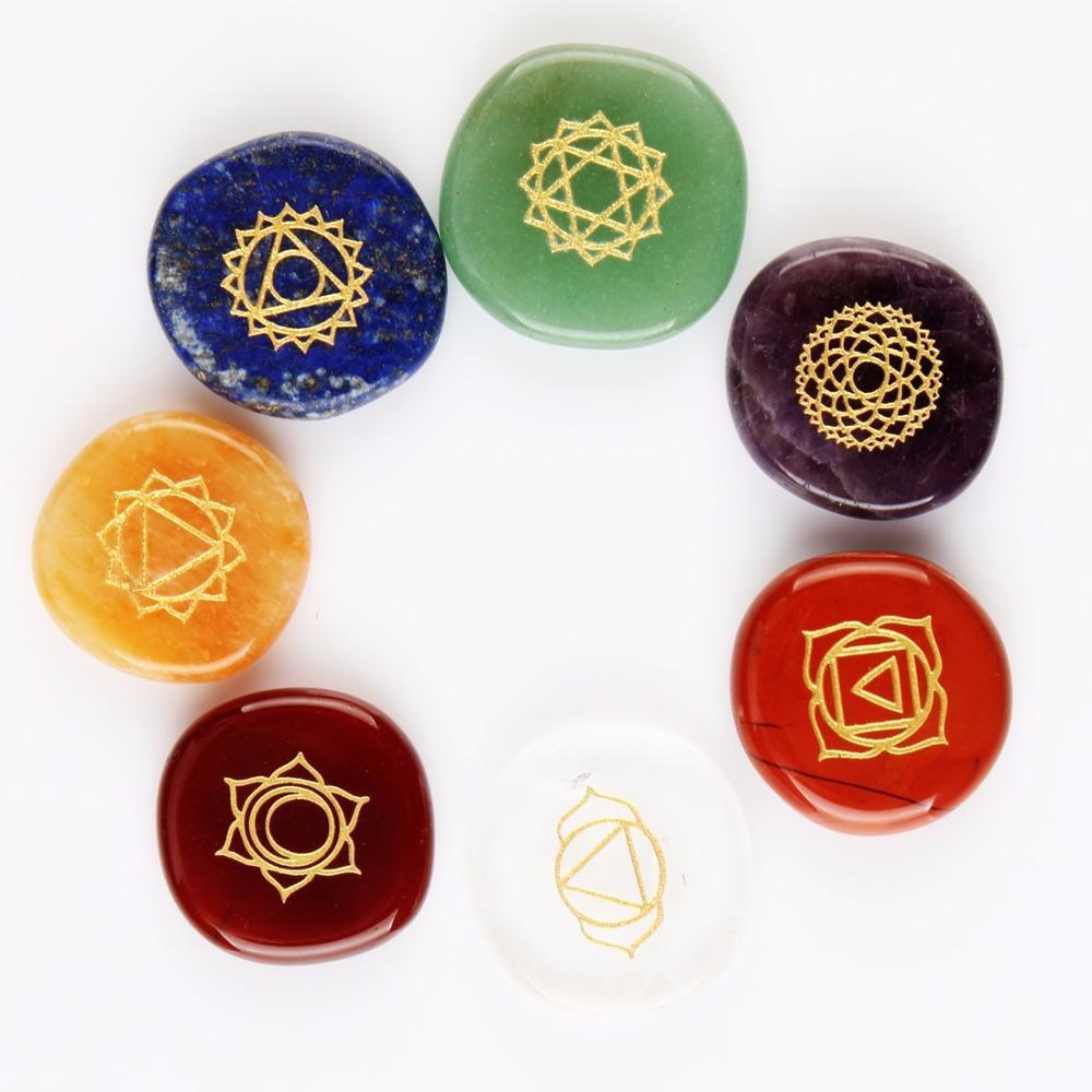 7 Chakra Healing Stones Set – Engraved Crystal Palm Stones |  Reiki Energy Crystals for Meditation & Spiritual Balance
