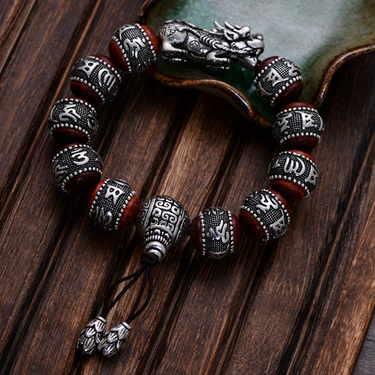 Handcrafted Spiritual Amulet – Six-Character Red Sandalwood Bracelet with Silver Dragon