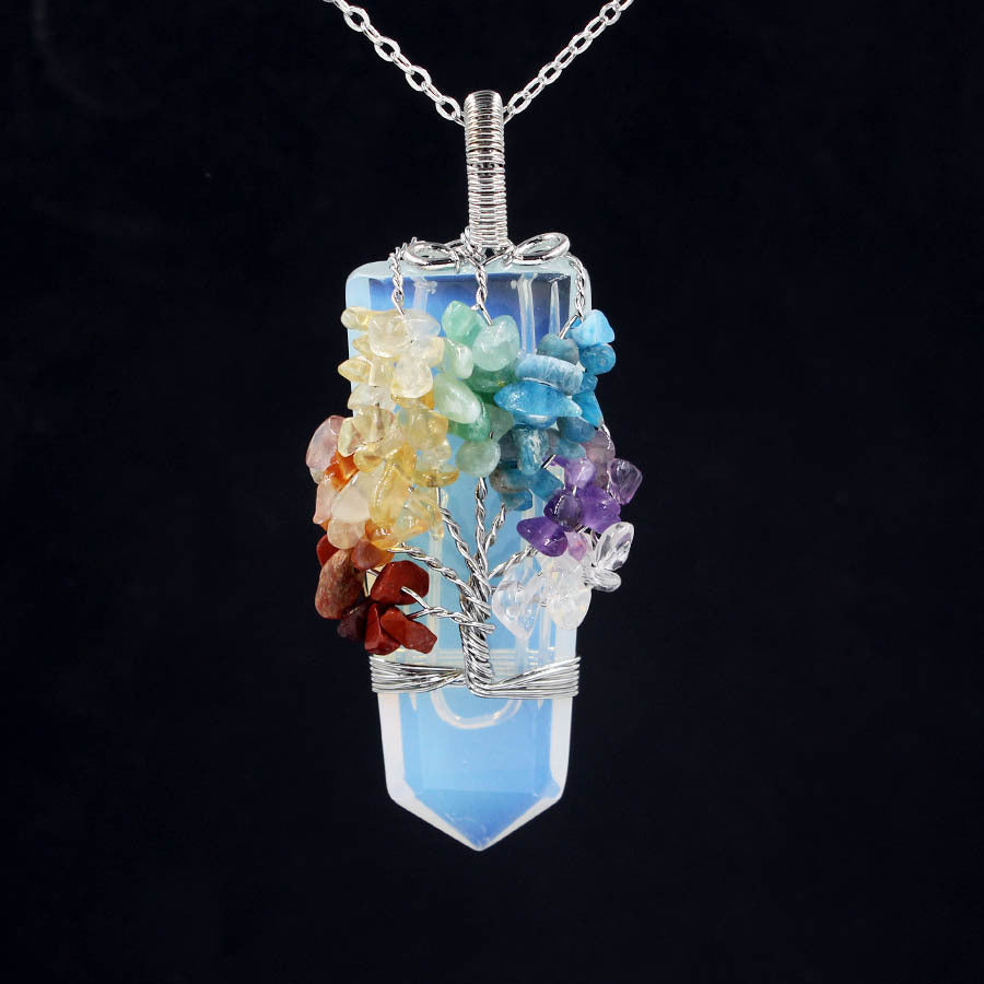 "Unisex spiritual amulet necklace with handcrafted Tree of Life design and multiple energy-charged gemstones."