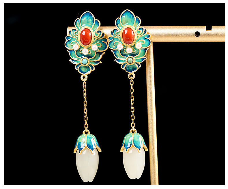Handmade White Jade & Red Agate Sterling Silver Lotus Earrings – A Talisman of Harmony, Prosperity & Protection