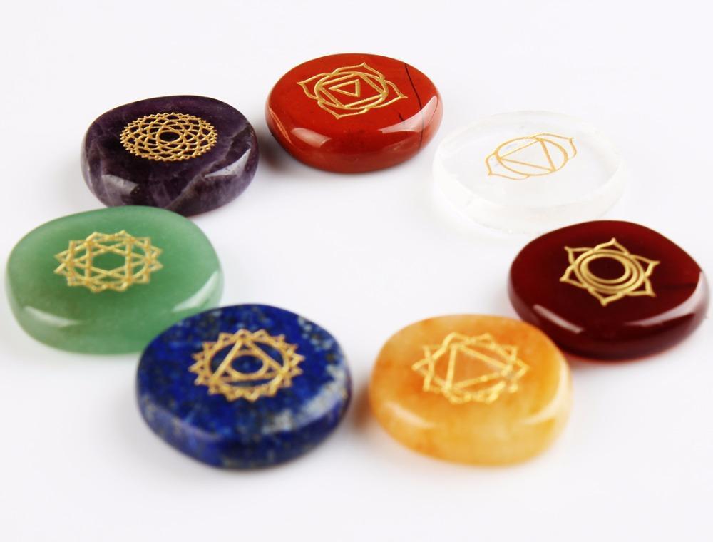 7 Chakra Healing Stones Set – Engraved Crystal Palm Stones |  Reiki Energy Crystals for Meditation & Spiritual Balance