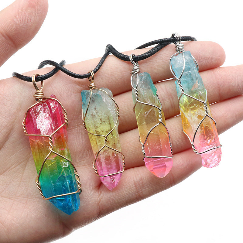 Spiritual healing necklace with colorful rainbow stones and Tree of Life symbol