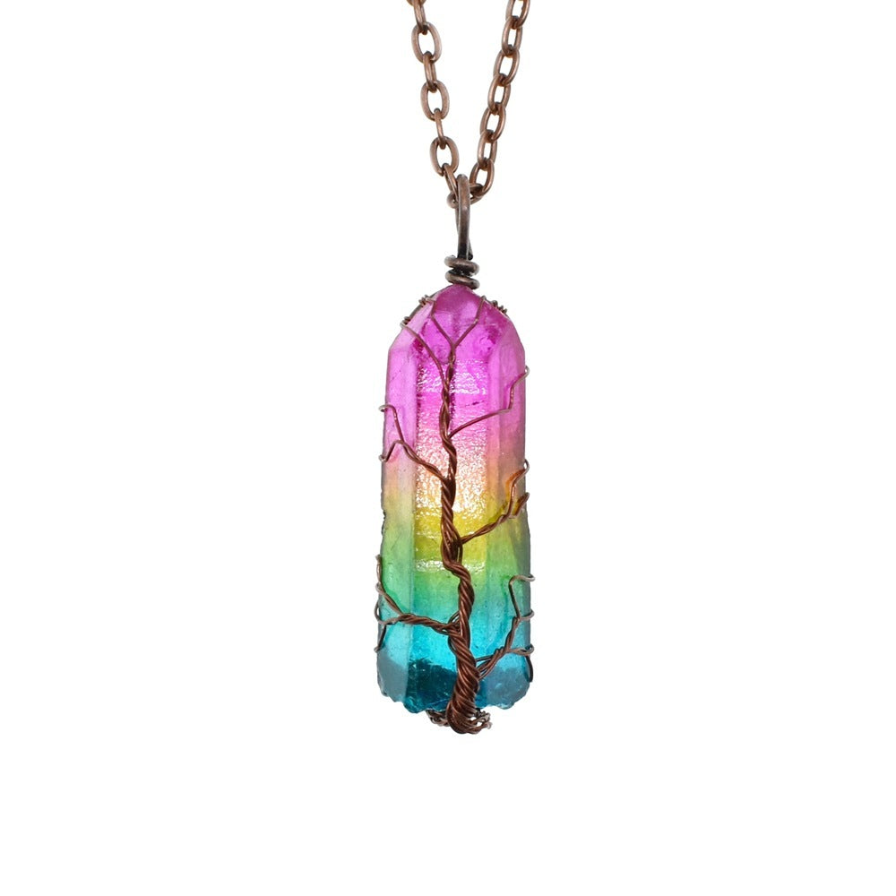 Spiritual healing necklace with colorful rainbow stones and Tree of Life symbol