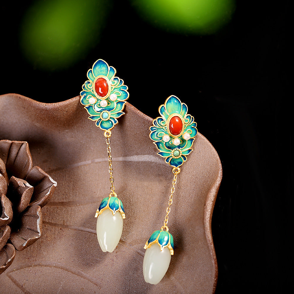 Handmade White Jade & Red Agate Sterling Silver Lotus Earrings – A Talisman of Harmony, Prosperity & Protection