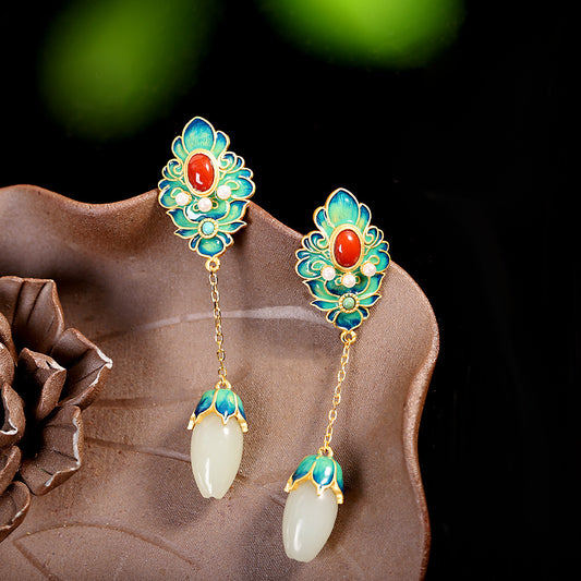Handmade White Jade & Red Agate Sterling Silver Lotus Earrings – A Talisman of Harmony, Prosperity & Protection