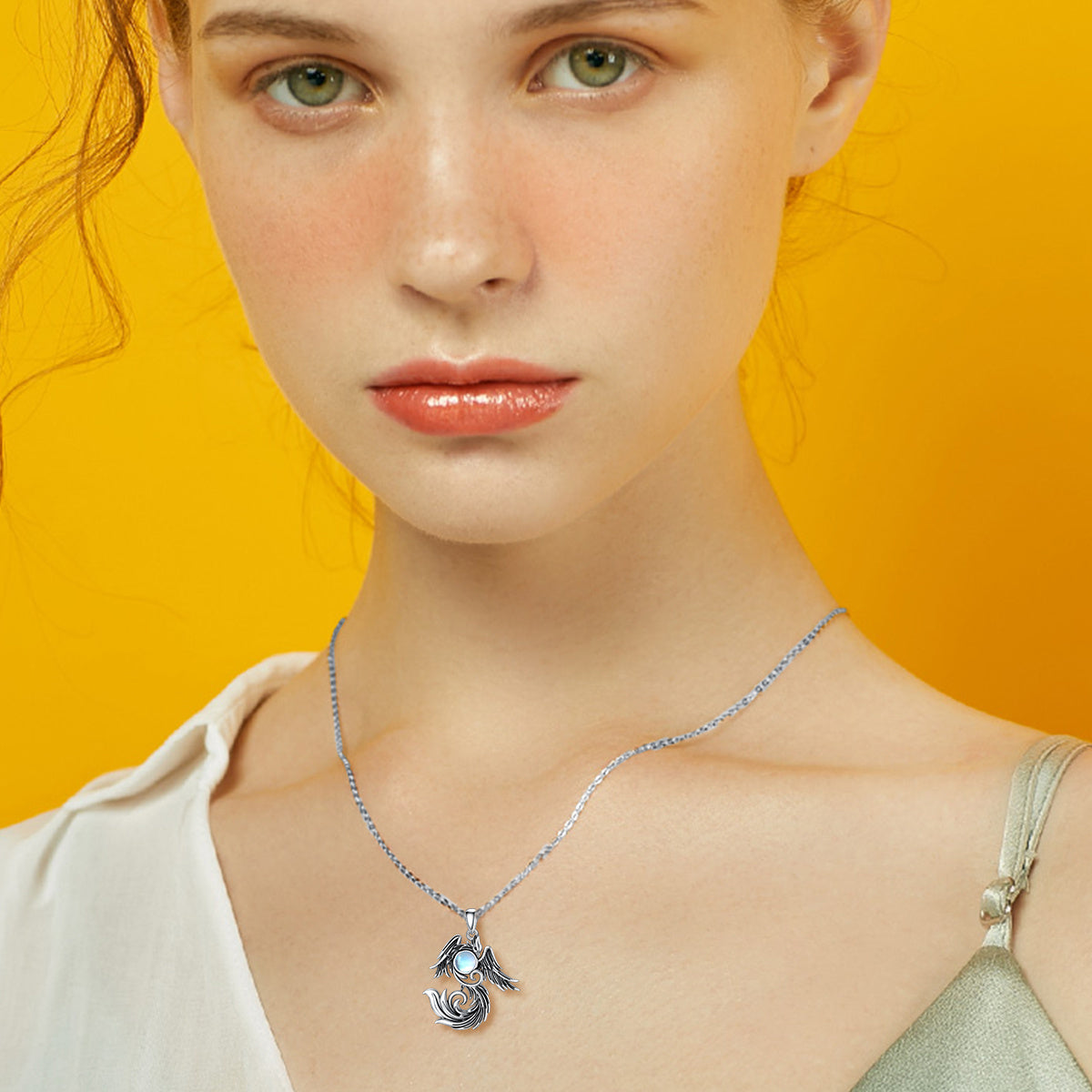 925 Silver Phoenix Necklace, Moonstone Center, Protective and Inspirational Jewelry
