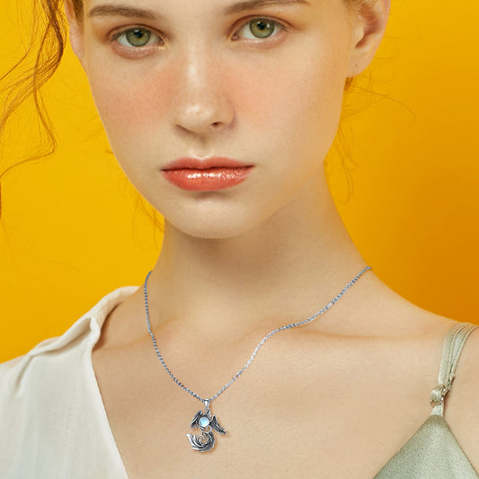 925 Silver Phoenix Necklace, Moonstone Center, Protective and Inspirational Jewelry