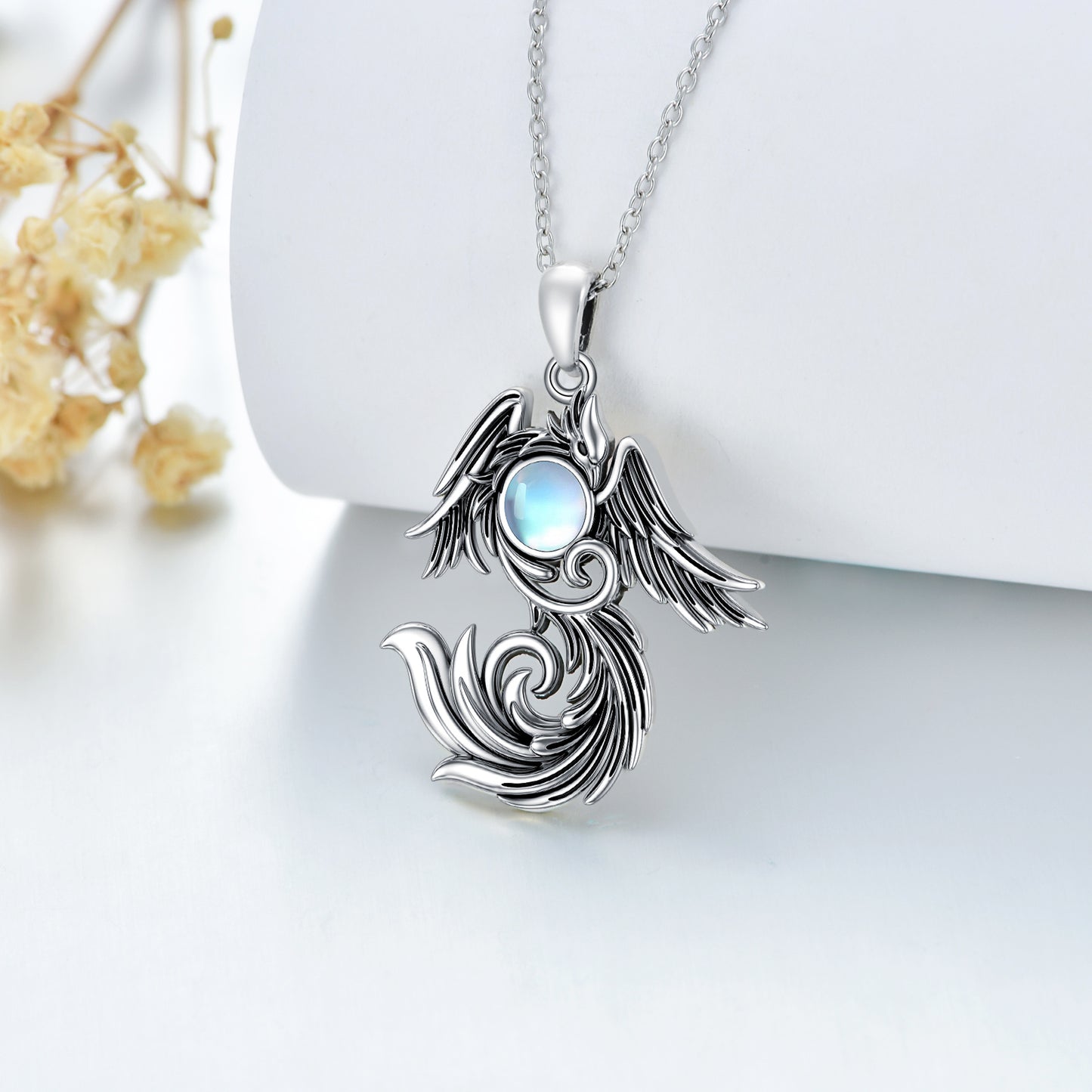 Phoenix Moonstone Necklace, Solid 925 Silver, Handmade Symbol of Transformation