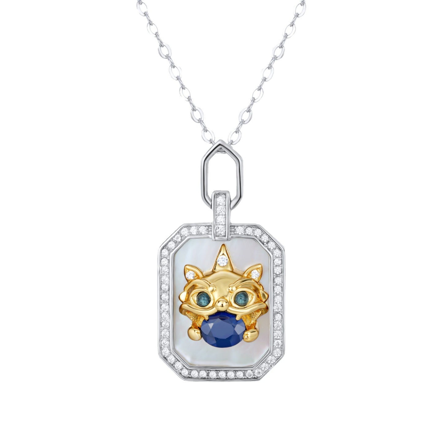 Sterling Silver Beast Totem Necklace (S925) — Sapphire & Green Topaz Protective Amulet for Renewal, Luck & Spiritual Protection