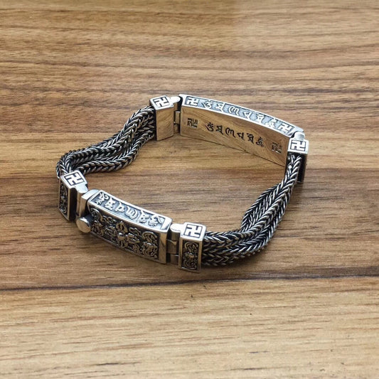 Handmade Sterling Silver Mantra Bracelet – Powerful Tibetan Talisman for Protection, Wealth, Love & Success – Om Mani Padme Hum Buddhist Amulet Gift for Men
