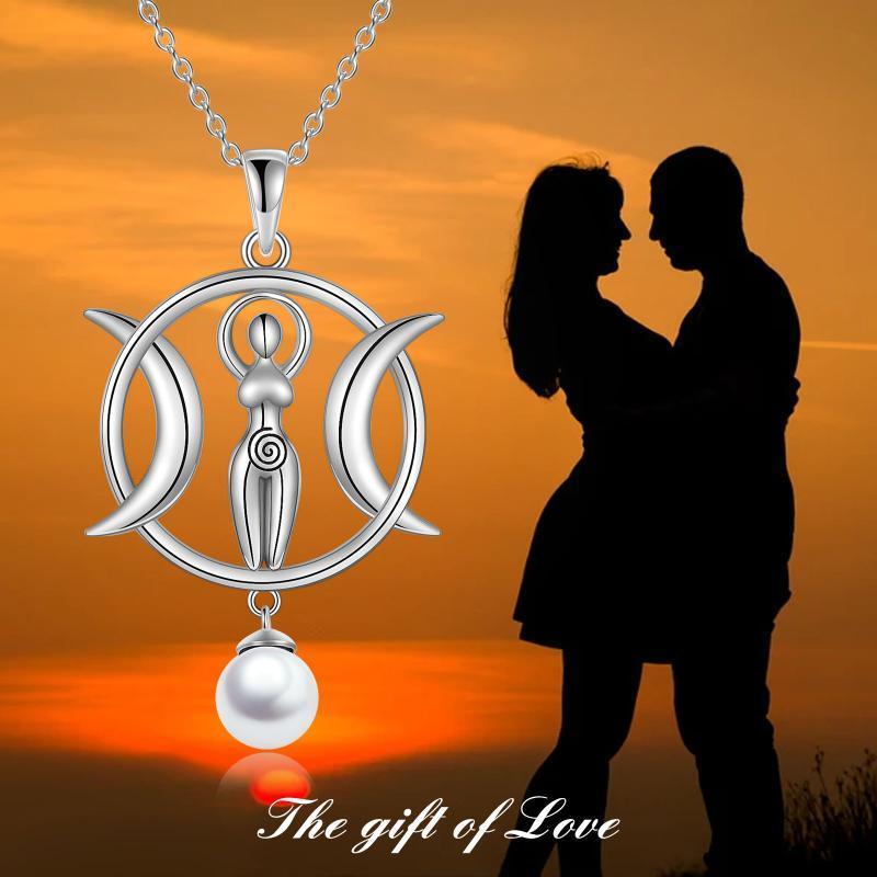 Handmade Triple Moon Goddess Necklace – Sterling Silver White-Gold Plated Talisman with Pearl