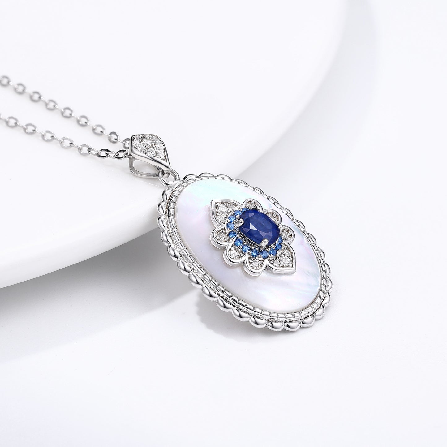 Natural Sapphire Lotus Amulet Pendant | 925 Sterling Silver Necklace with Mother of Pearl & Crystals – Talisman of Harmony, Intuition & Feminine Energy