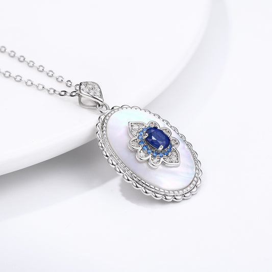 Natural Sapphire Lotus Amulet Pendant | 925 Sterling Silver Necklace with Mother of Pearl & Crystals – Talisman of Harmony, Intuition & Feminine Energy