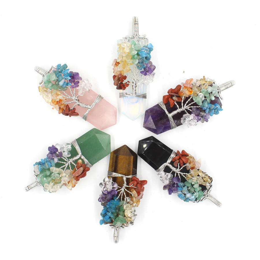 "Tree of Life necklace adorned with amethyst for intuition, rose quartz for self-love, tiger’s eye for confidence, green aventurine for prosperity, obsidian for shielding, and synthetic opal for inspiration."