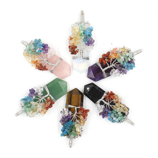"Tree of Life necklace adorned with amethyst for intuition, rose quartz for self-love, tiger’s eye for confidence, green aventurine for prosperity, obsidian for shielding, and synthetic opal for inspiration."