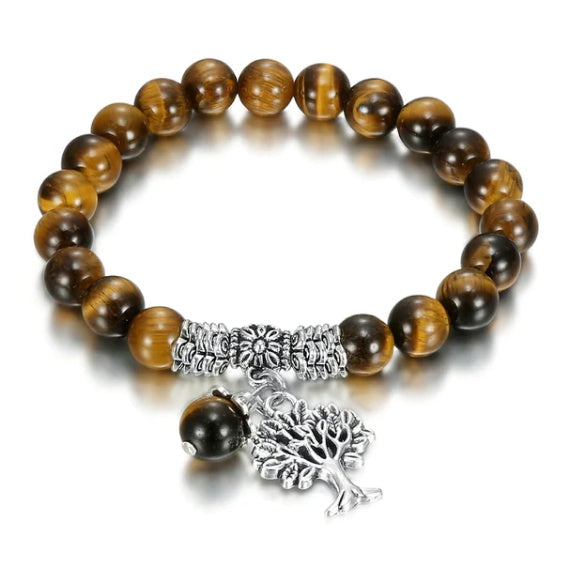“Energy talisman bracelet with Tiger’s Eye beads and Tree of Life pendant”