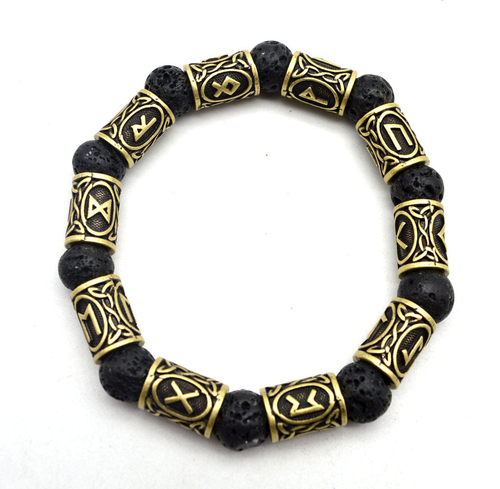 unisex viking bracelet with runic beads and lava stones