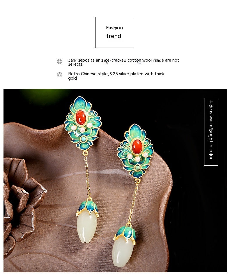 Handmade White Jade & Red Agate Sterling Silver Lotus Earrings – A Talisman of Harmony, Prosperity & Protection