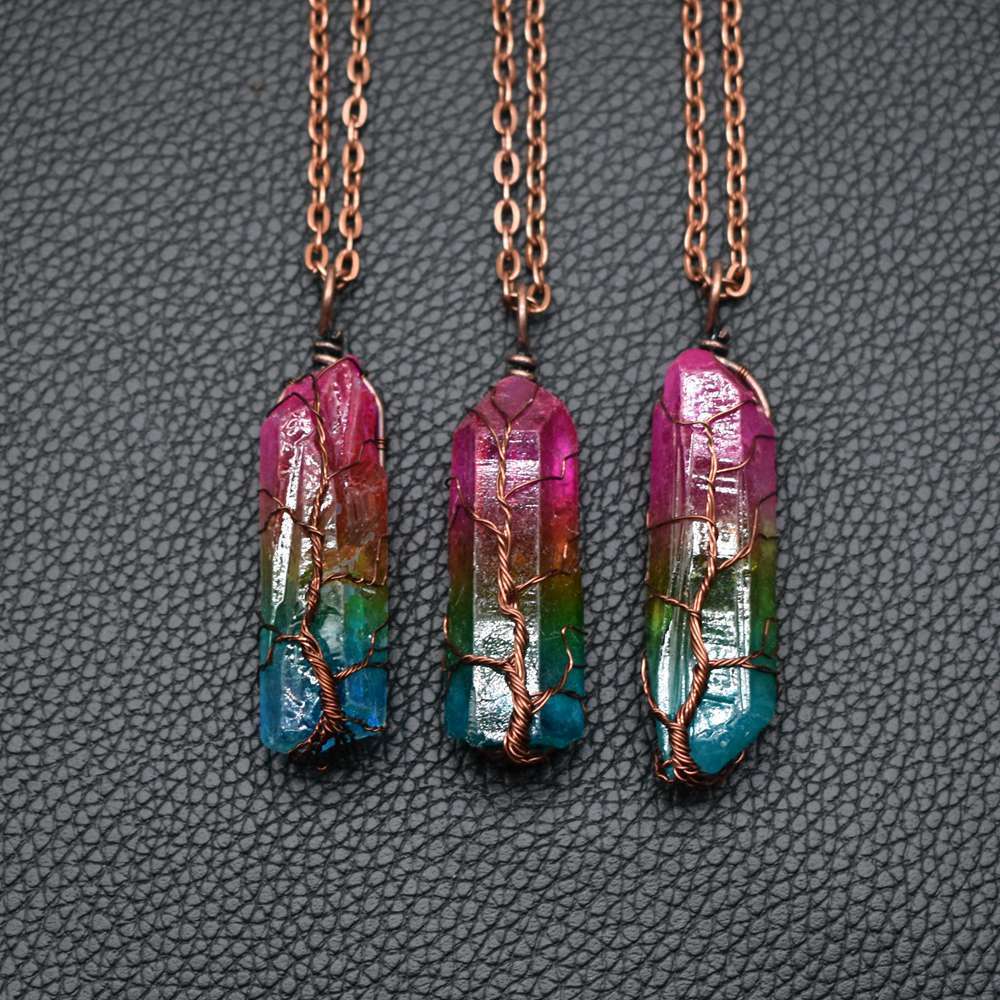 Tree of Life crystal pillar pendant necklace in rainbow colors