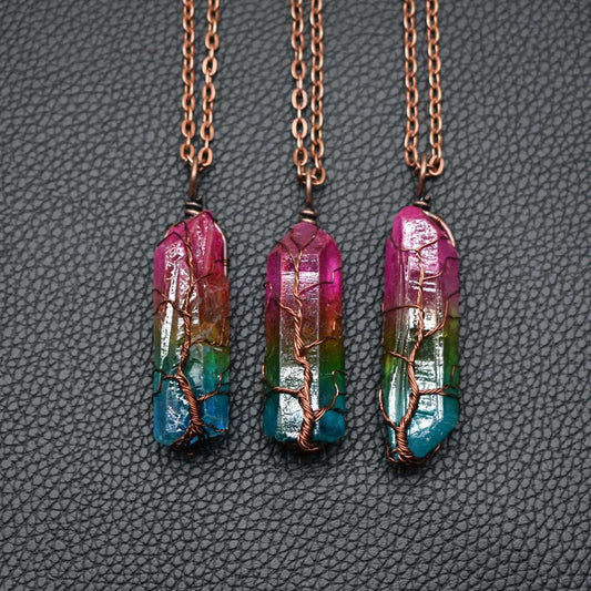 Tree of Life crystal pillar pendant necklace in rainbow colors