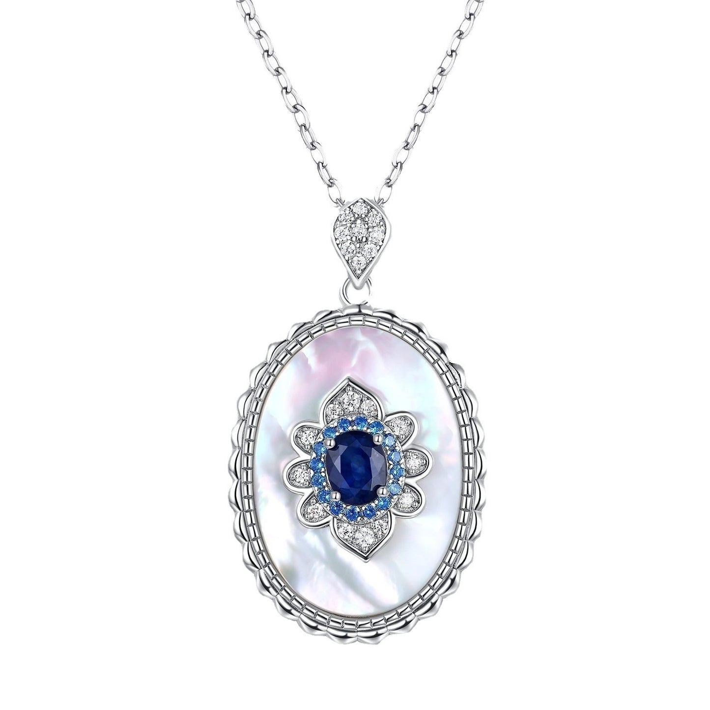 Natural Sapphire Lotus Amulet Pendant | 925 Sterling Silver Necklace with Mother of Pearl & Crystals – Talisman of Harmony, Intuition & Feminine Energy