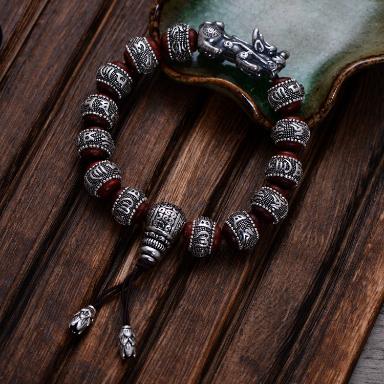 Handcrafted Spiritual Amulet – Six-Character Red Sandalwood Bracelet with Silver Dragon