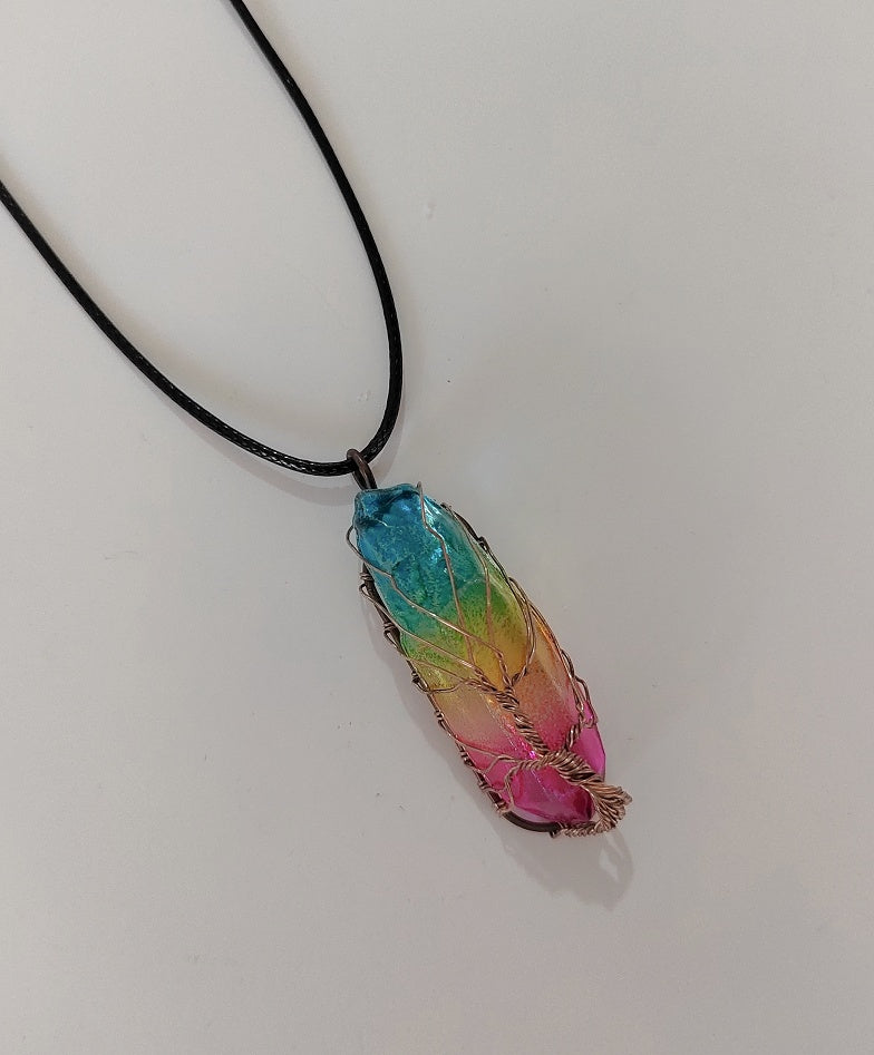 Handmade crystal pillar necklace with Tree of Life charm, natural stone detail