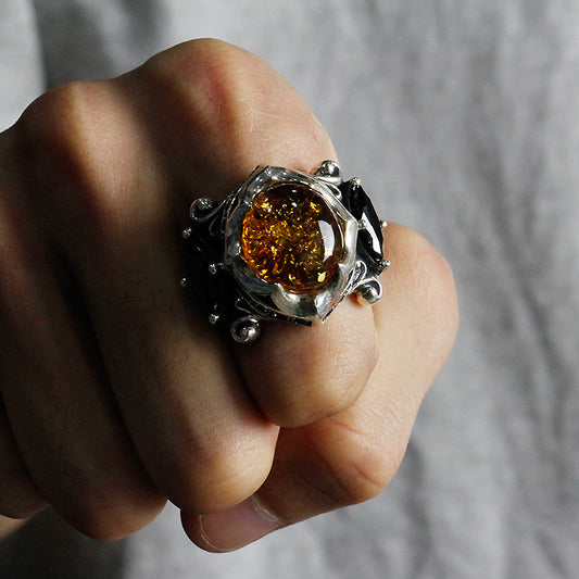 925 Thai Silver Amber & Black Tourmaline Talisman Ring – Handcrafted Luxury Jewelry
