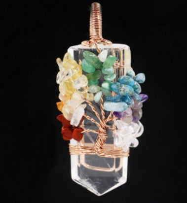 "Unisex spiritual amulet necklace with handcrafted Tree of Life design and multiple energy-charged gemstones."