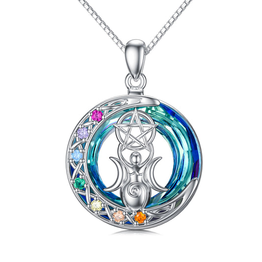 Triple Moon Goddess 7 Chakras Necklace – Sterling Silver Protection Amulet for Feminine Power, Intuition, Reiki, Meditation & Love