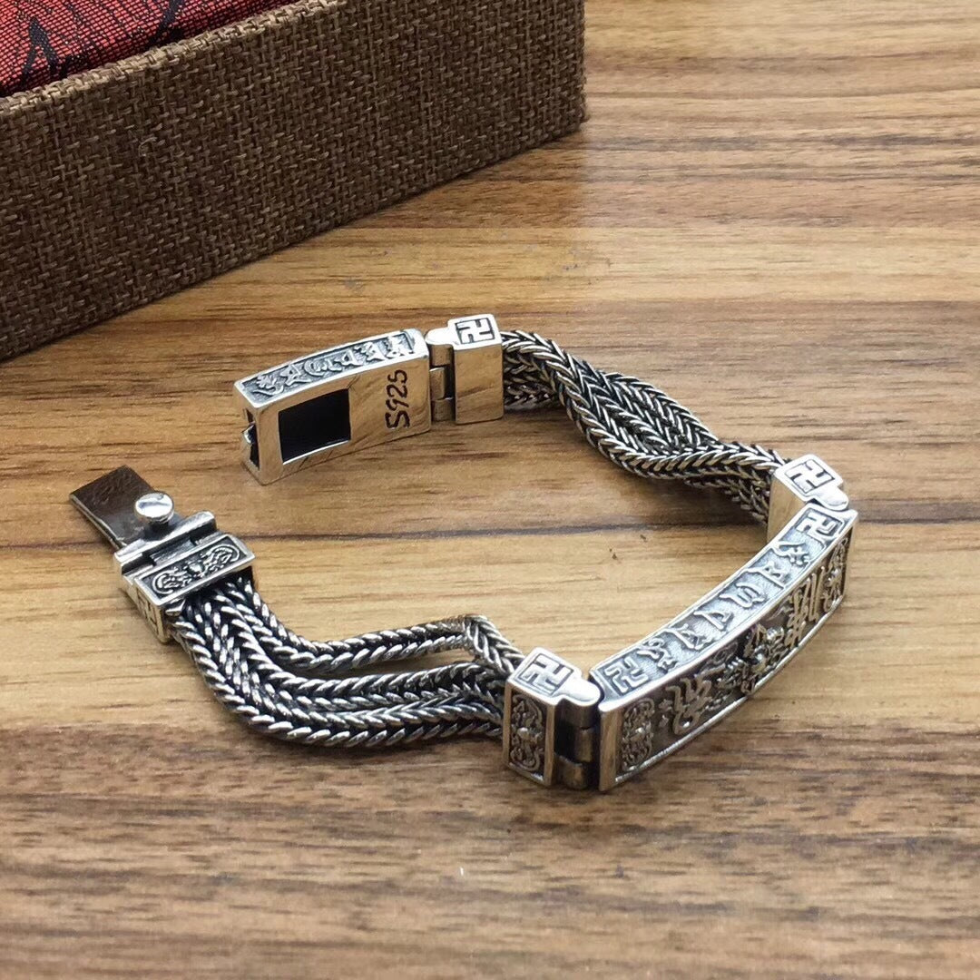 Handmade Sterling Silver Mantra Bracelet – Powerful Tibetan Talisman for Protection, Wealth, Love & Success – Om Mani Padme Hum Buddhist Amulet Gift for Men